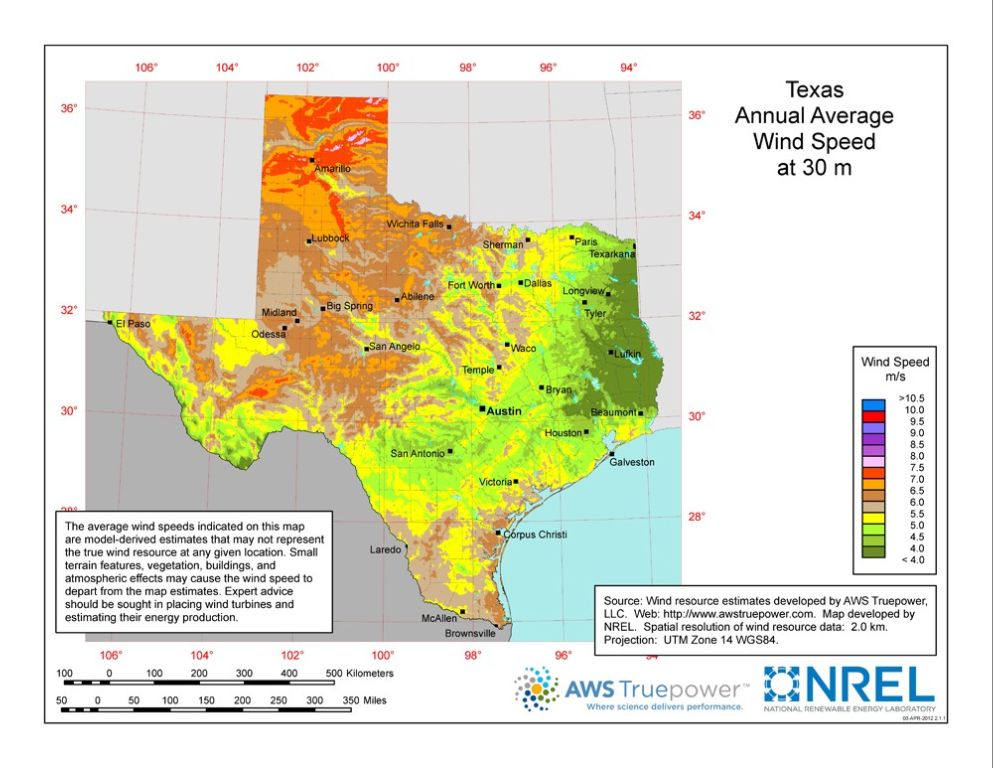 a map of texas showing wind capacity and major transmission lines.