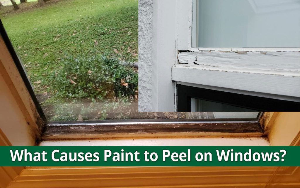 a homeowner examining a 20 year old window with peeling paint and cracked glazing