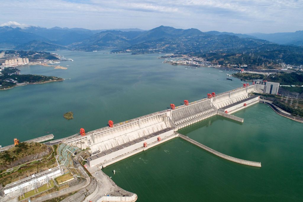 aerial view of the massive three gorges dam spanning the yangtze river in china