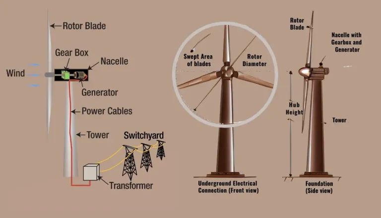 an illustration of wind turbine components including the rotor blades, nacelle, tower, and wind direction.