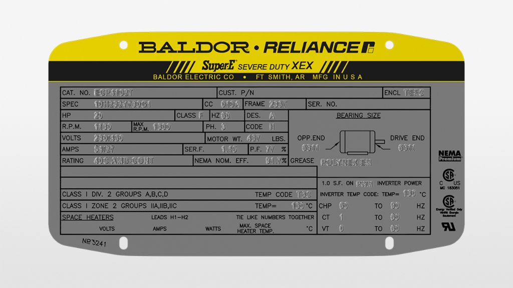 data plates provide details like the model number, serial number, manufacturer, voltage, amperage, horsepower, and other technical specifications.