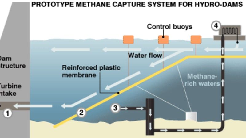 diagram showing methane production from organic matter in a hydroelectric dam reservoir