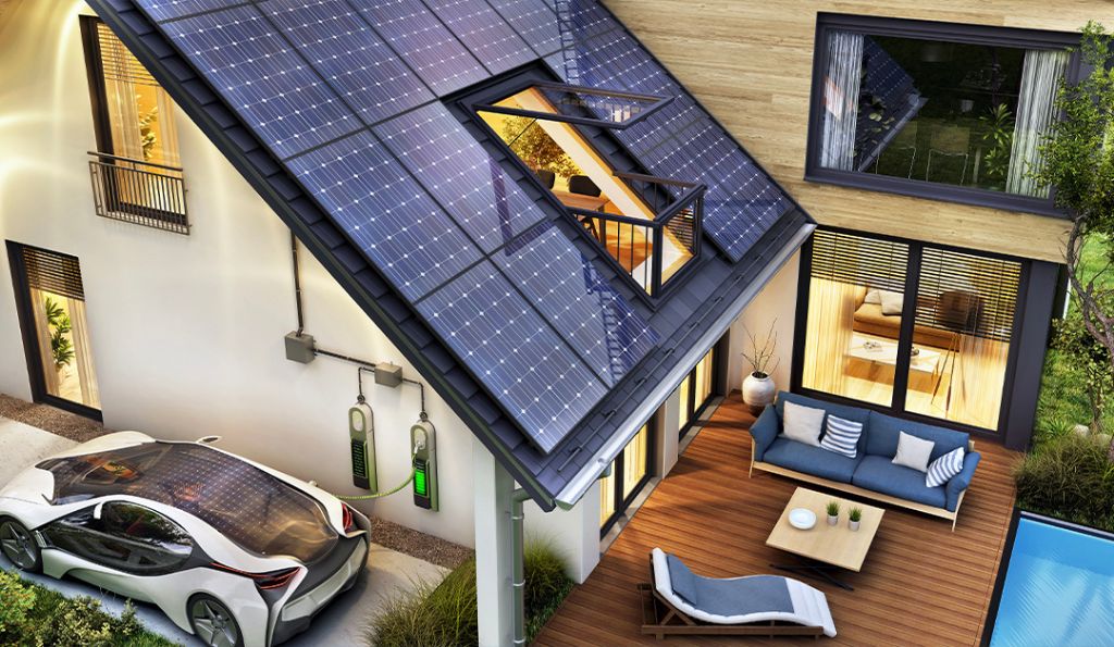 home with solar panels and energy efficient windows