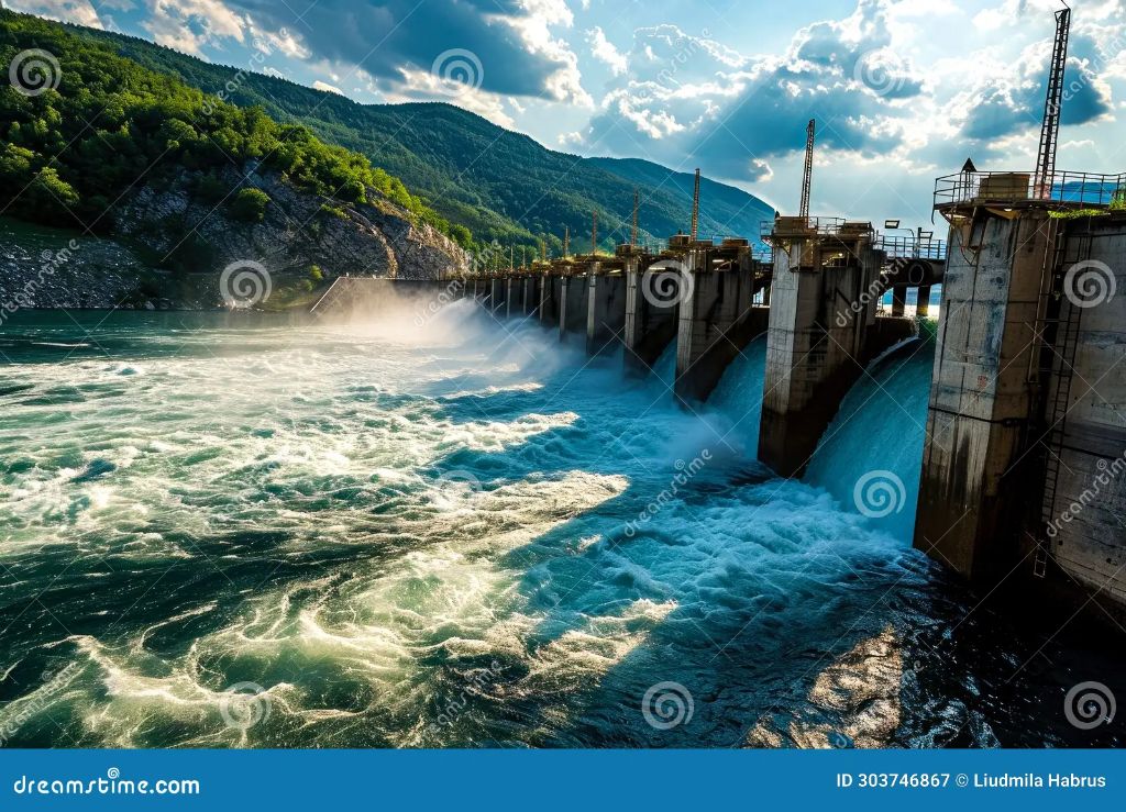 hydroelectric dam with water flowing through turbines.