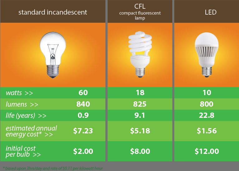infographic comparing electricity usage of an incandescent bulb versus a cfl bulb