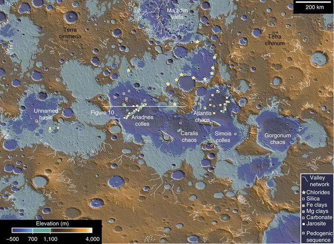 map of mars showing evidence of ancient hydrothermal sites