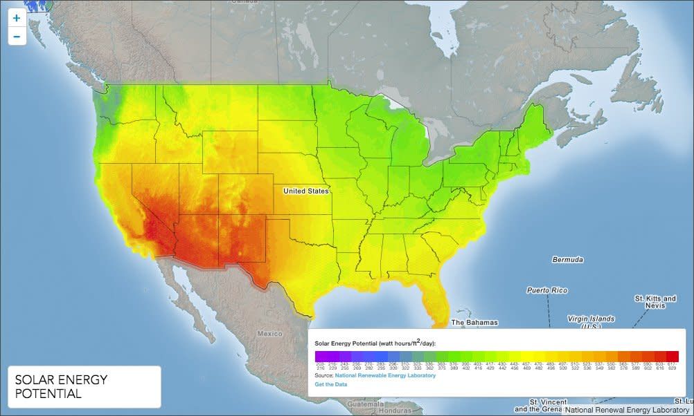 map of the u.s. showing the immense solar energy potential across the country