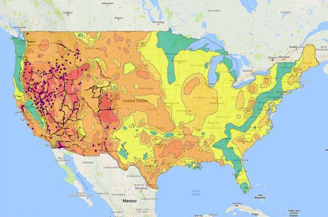 map of us states colored by geothermal power capacity