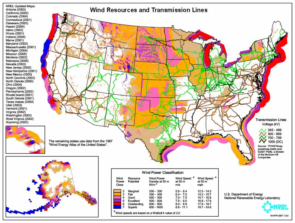 map showing wind speed patterns and optimal locations for wind turbines