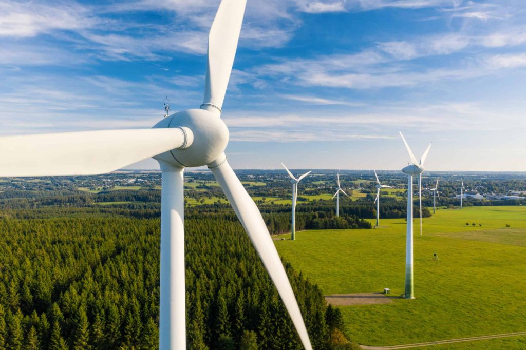 modern wind turbines generating electricity