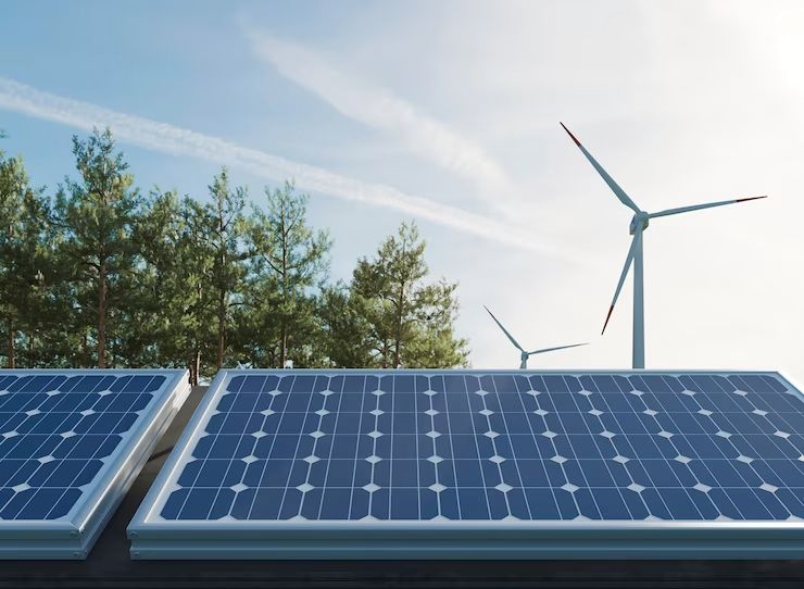 solar panels and wind turbines generating renewable energy