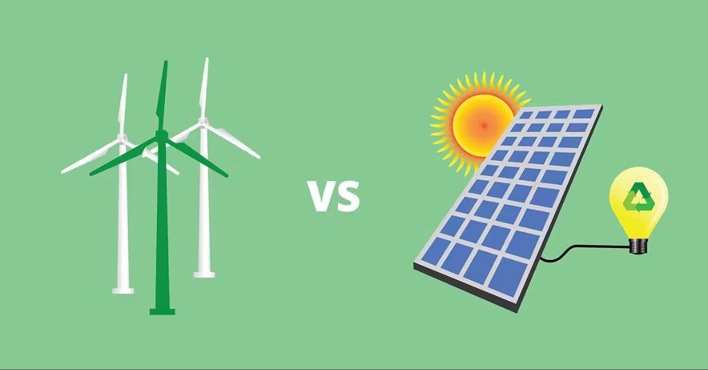 solar panels and wind turbines generating renewable energy.