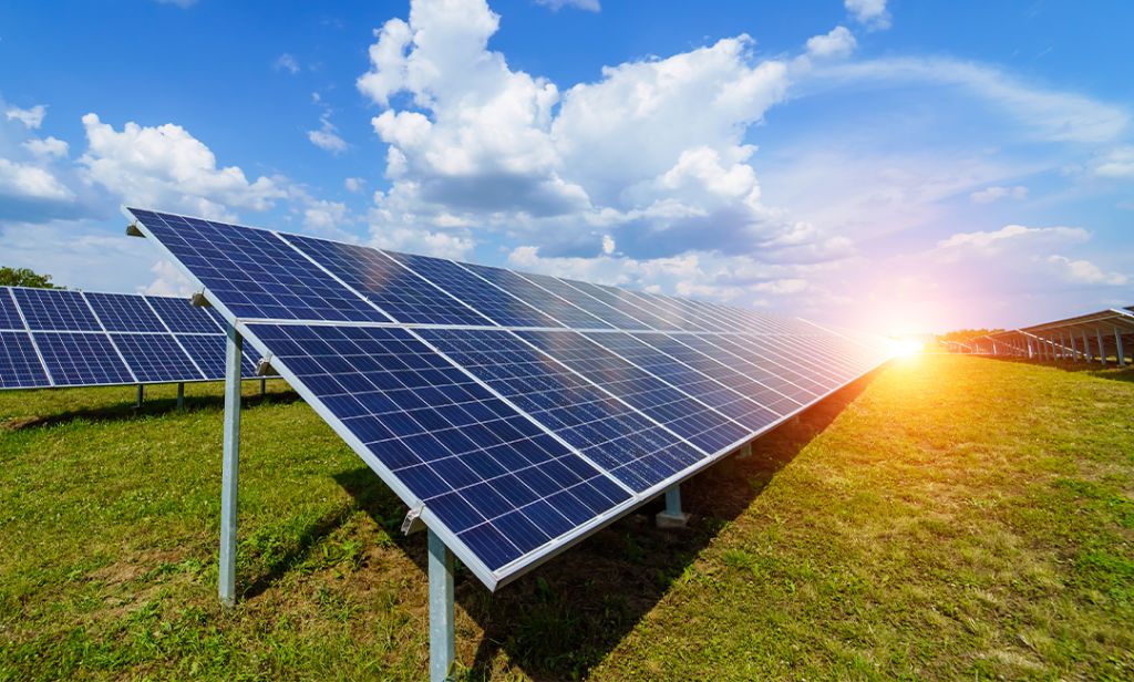 solar panels convert sunlight into electricity at a solar farm