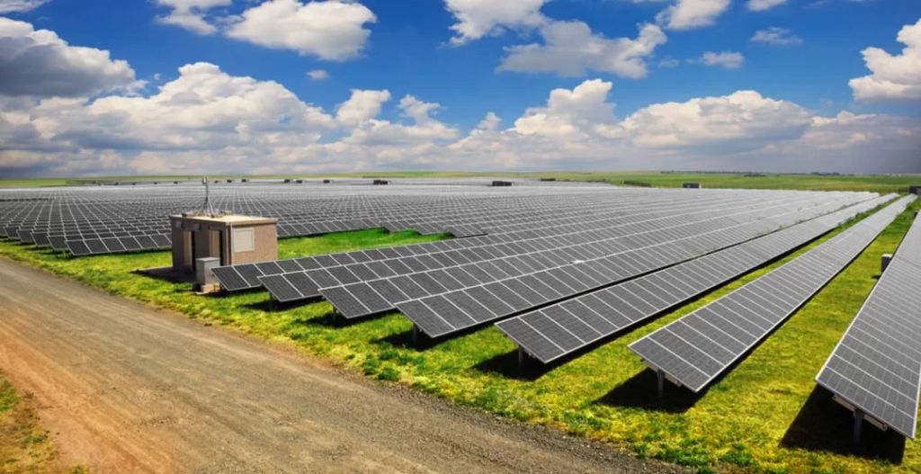 solar panels in a solar farm generating renewable energy