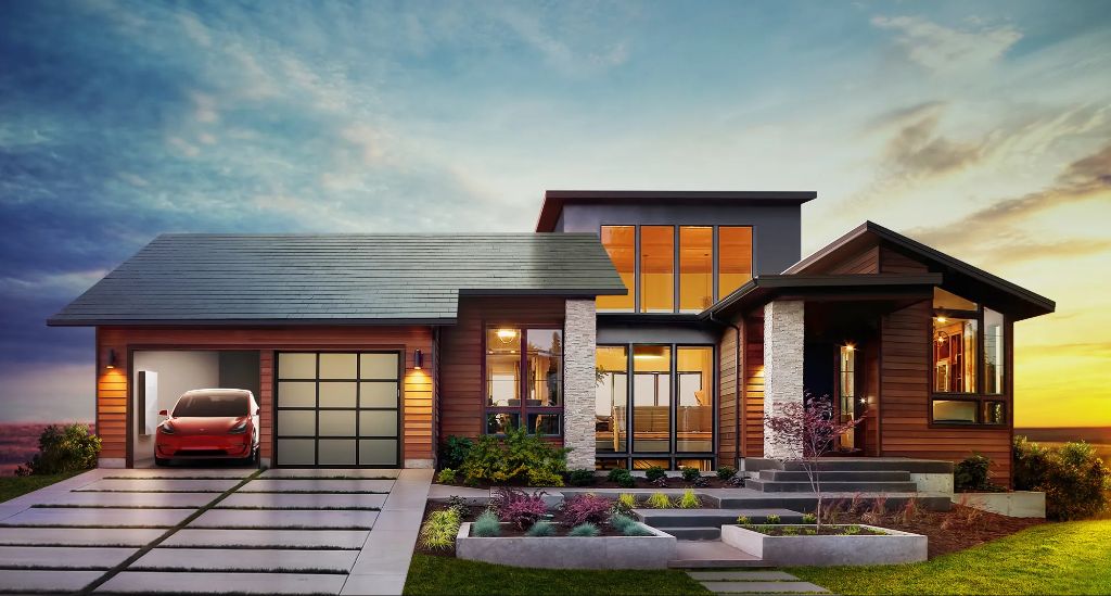 tesla solar roof tiles installed on a house