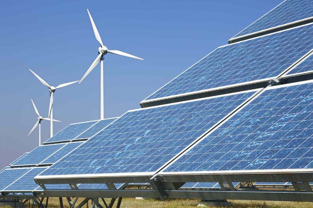 wind turbines and solar panels generating renewable energy.