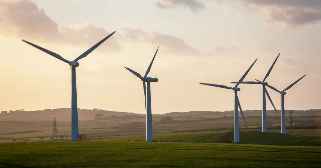 wind turbines in a field generating renewable wind energy