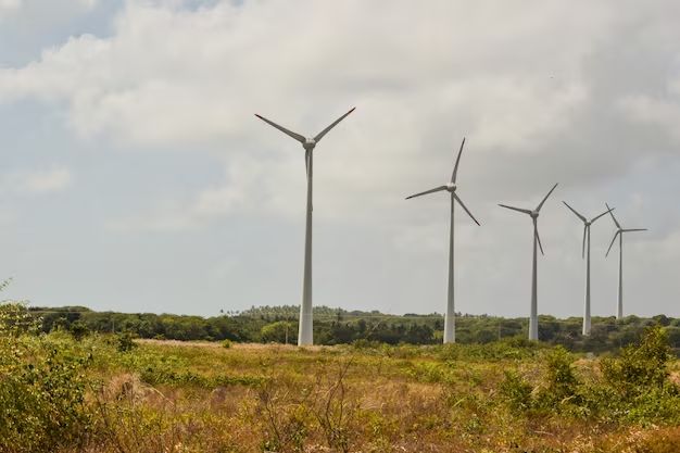 wind turbines in a field under blue skies as a renewable energy source in india.