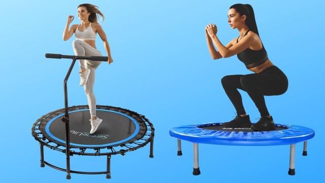 a person bouncing high on a trampoline, having fun and getting exercise.
