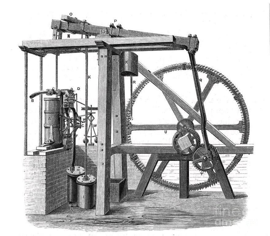 an old photo of james watt next to a steam engine