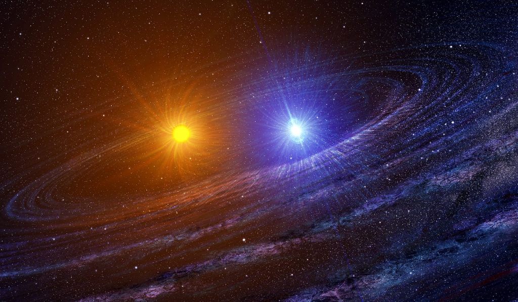 binary star systems like alpha centauri have two stars orbiting a common center of mass.