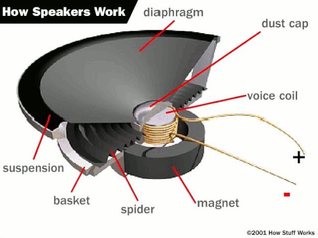 electricity is converted to sound in speakers through vibrating electromagnets.