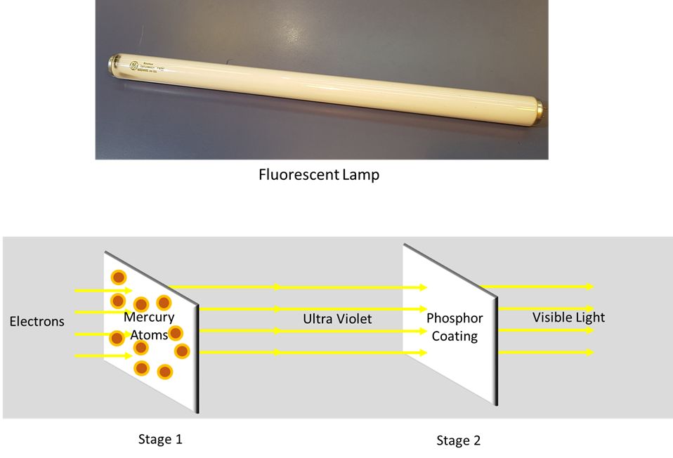 fluorescent bulbs convert mercury vapor uv light to visible light using phosphor coatings on the glass tube.