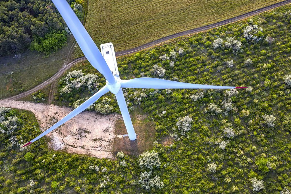 row of wind turbines in a utility-scale wind farm