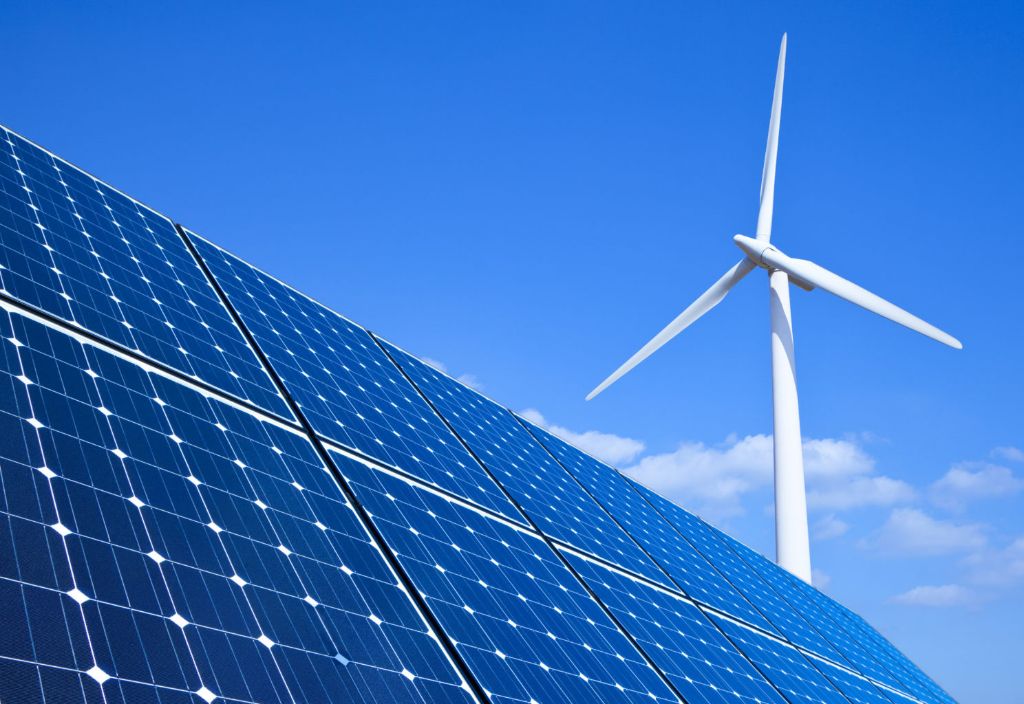 solar panels and wind turbines are clean, renewable sources used to generate electricity.