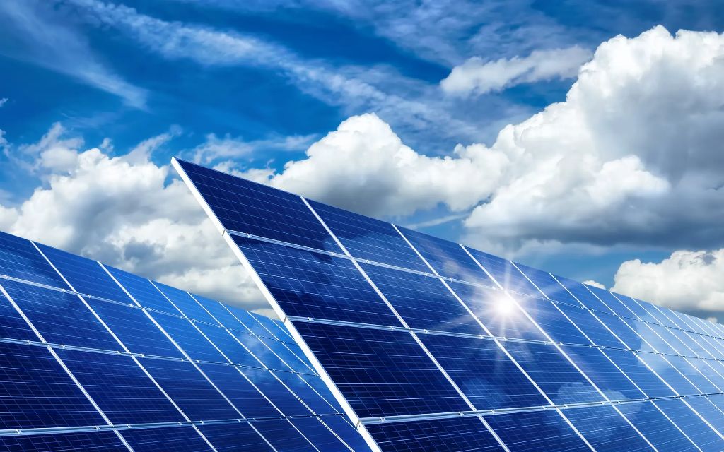 solar panels converting sunlight into renewable electricity.