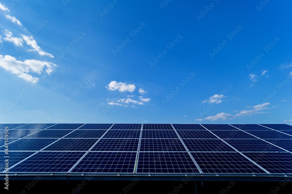solar panels with blue skies in background