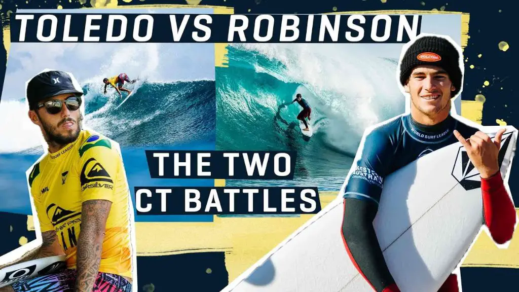 two surfers battling head-to-head in a heat matchup.
