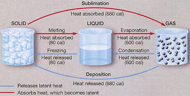water's latent heat is needed to change its physical state between solid, liquid and gas phases.