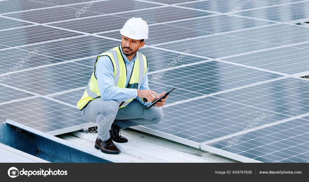 worker inspecting solar panels